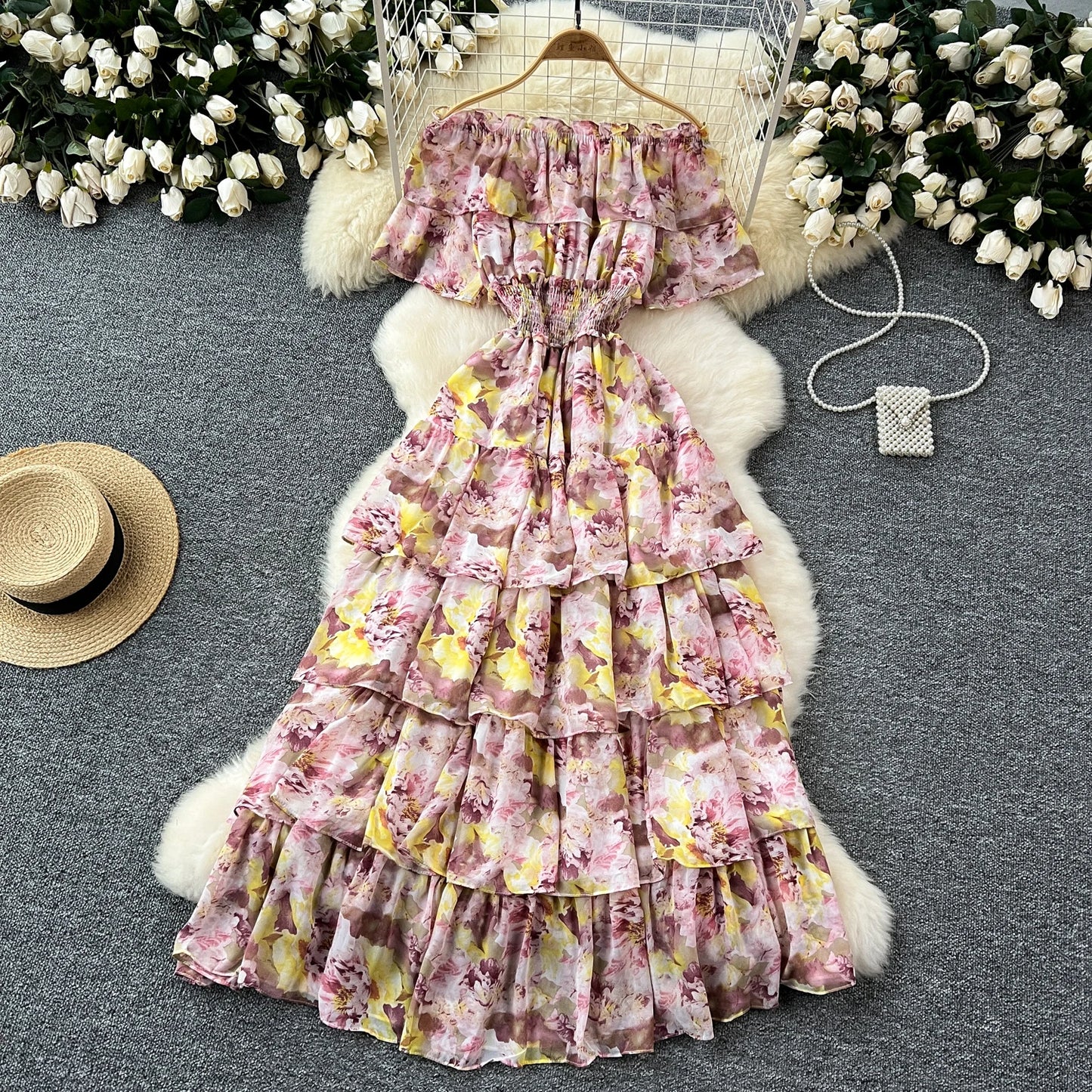 French Vintage  off shoulder short sleeve ruffle Dress Chic Casual Beach Vacation Women Summer chiffon dresses