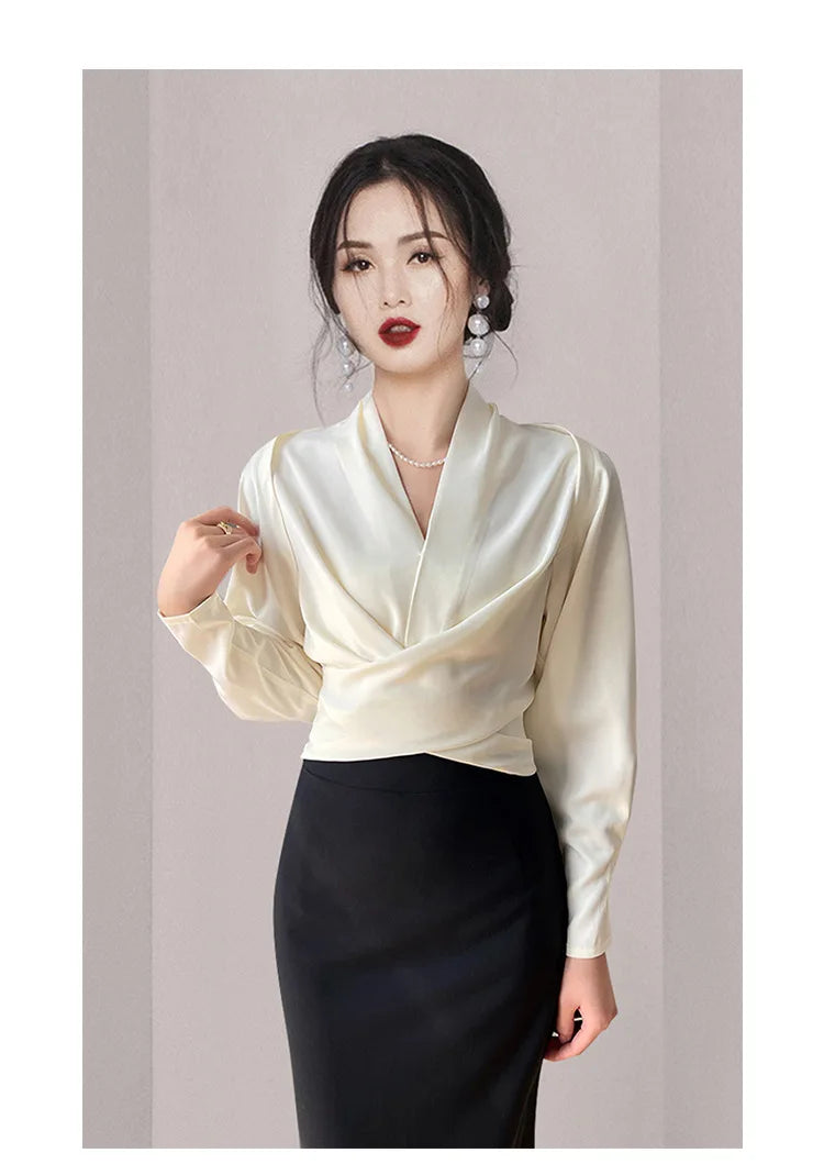Autumn New Women's Long sleeved V-neck Shirt Top Short French Elegant Temperament Satin Effect Slimming Shirt Blouse
