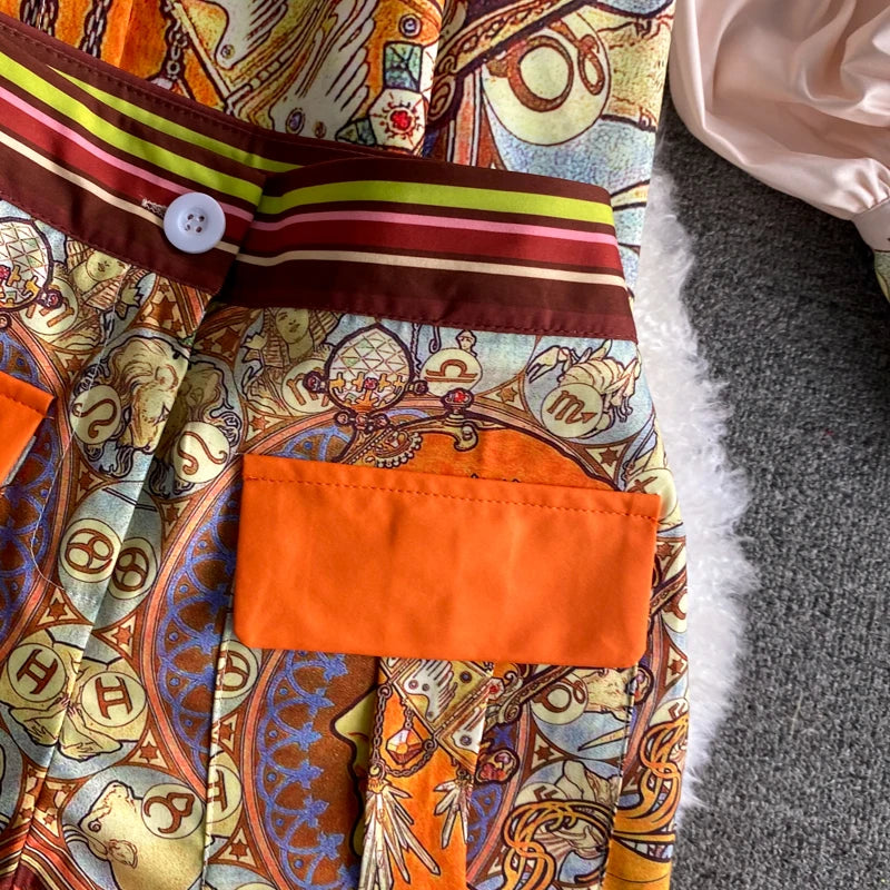 Women Printed Two Piece Set Retro Chic Spring Fragmented Flower Shorts+Long Sleeve Shirt Top Elegant Suits Spring Summer Outfits