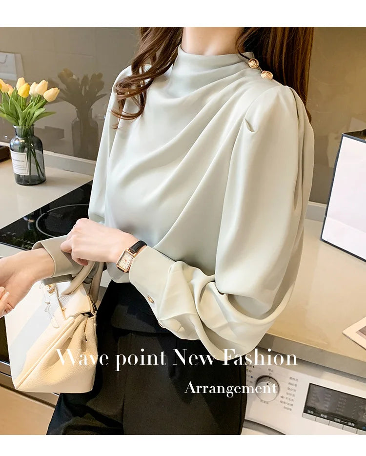 Autumn New Women's Style Stand up Collar Pleated Long Sleeve Top Fashion Lantern Sleeve Loose Elegant Solid Color Shirt Blouse