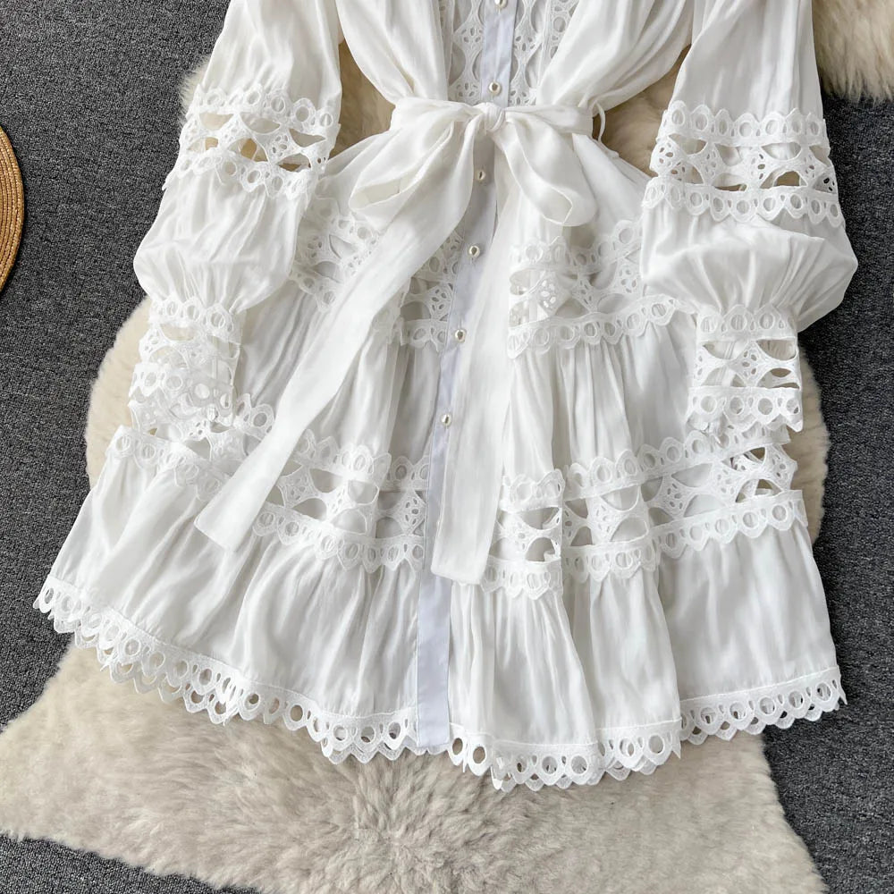 2023 Spring Summer Holiday Dress Women Stand Collar Long Sleeve Button Up Embroidery Trim Luxury Elegant Mini Dress With Belt
