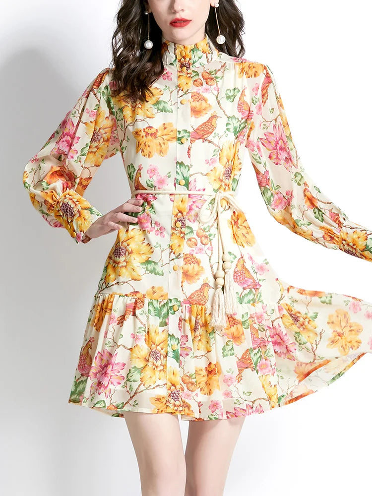 Spring Vacation Dresses For Women Long Sleeve Vintage Floral Print Dress Stand Collar Ruffle Hem Chiffon Mini Dress Tie Belt