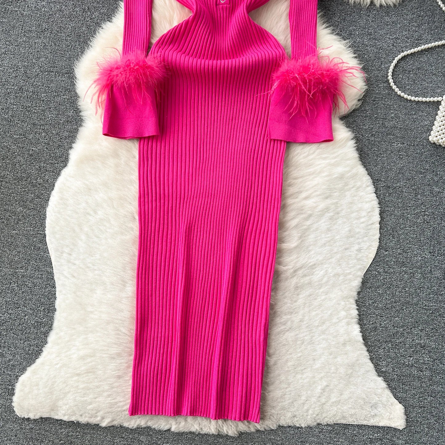 Elegant Turn-down Collar Feather Long Sleeve Knit Bodycon Pencil Dress Slim Fashion Sweater Vestido Sexy Women Winter Clothing