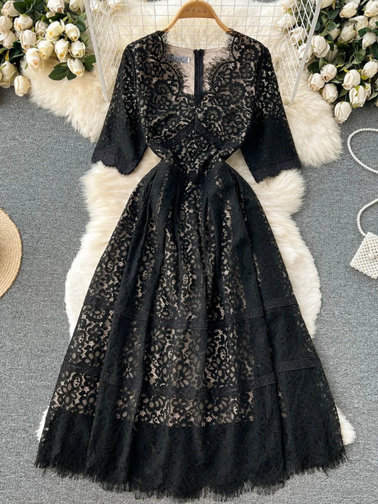 FTLZZ New Summer Elegant Women V-neck Short Sleeve Midi Dress Vintage Lady Lace Hollow Out Dress Empire Slim Party Dress