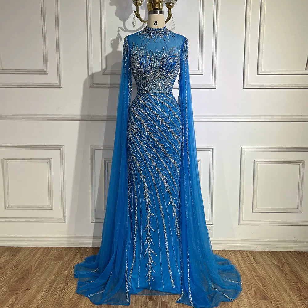 Serene Hill 2024 Nude Cape Sleeves Mermaid Lace Beaded Luxury Dubai Long Evening Dresses Gowns For Formal Occasion LA71885A