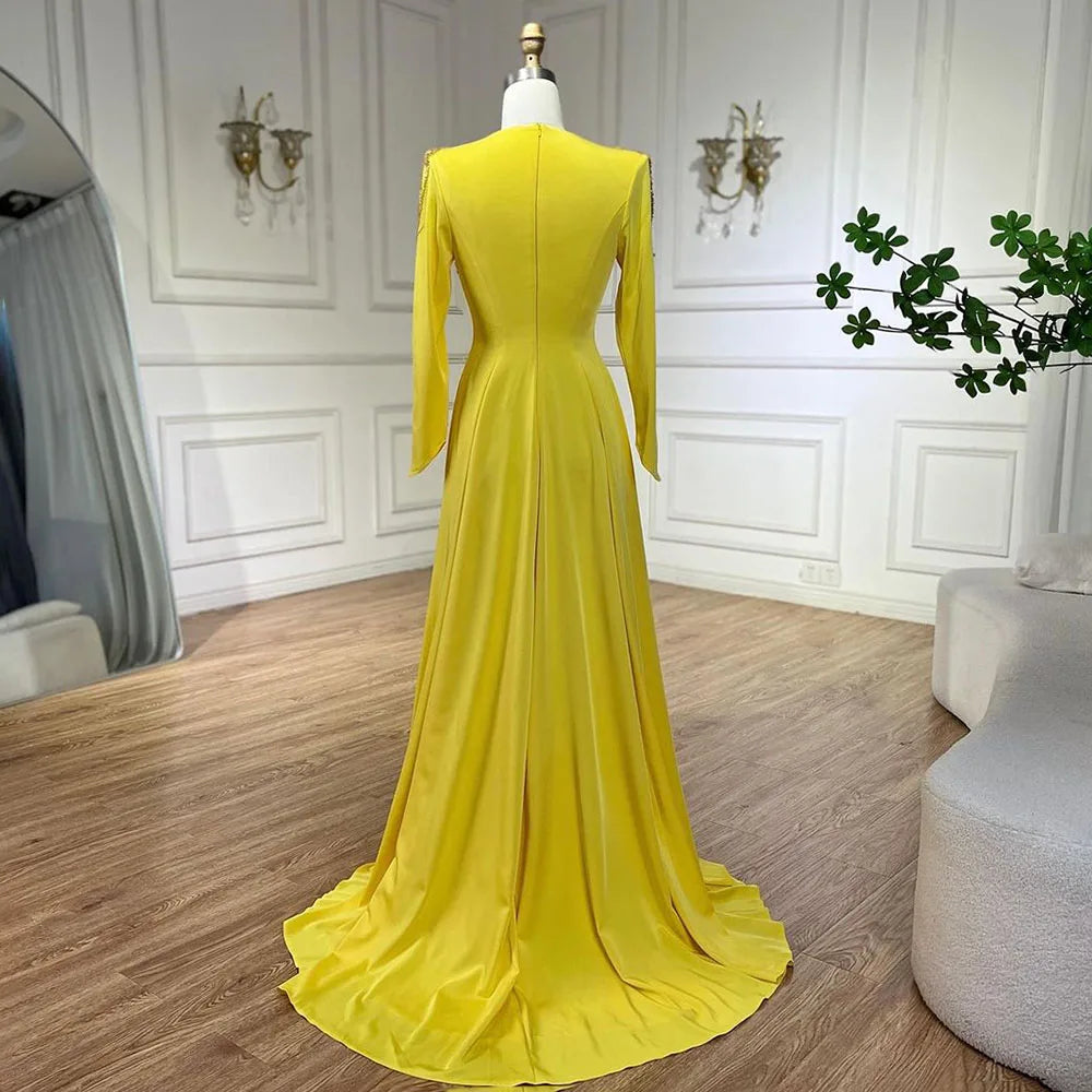 Serene Hill Luxury Dubai Arabic Yellow Mermaid Elegant Tassel Beaded Evening Dresses Gowns For Women Wedding Party 2024 LA72555