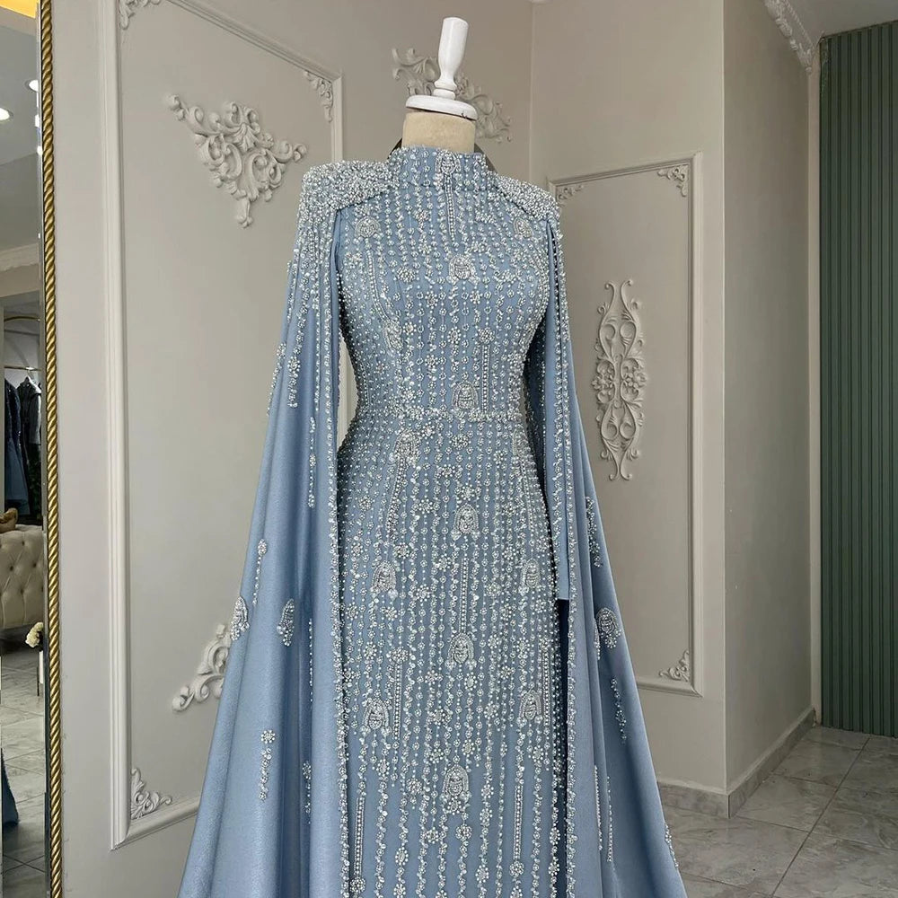 Serene Hill 2024 Luxury Dubai Blue Muslim Mermaid Beaded Evening Gowns with Cape Sleeves for Women's Party LA72533