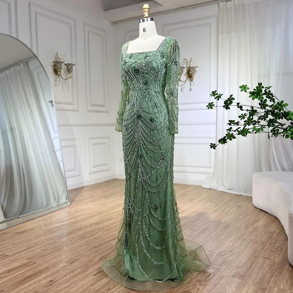 Serene Hill Luxury Dubai Green Mermaid Elegant Crystal Beaded Arabic Evening Dresses Gowns For Women Wedding Party 2023 BLA72242