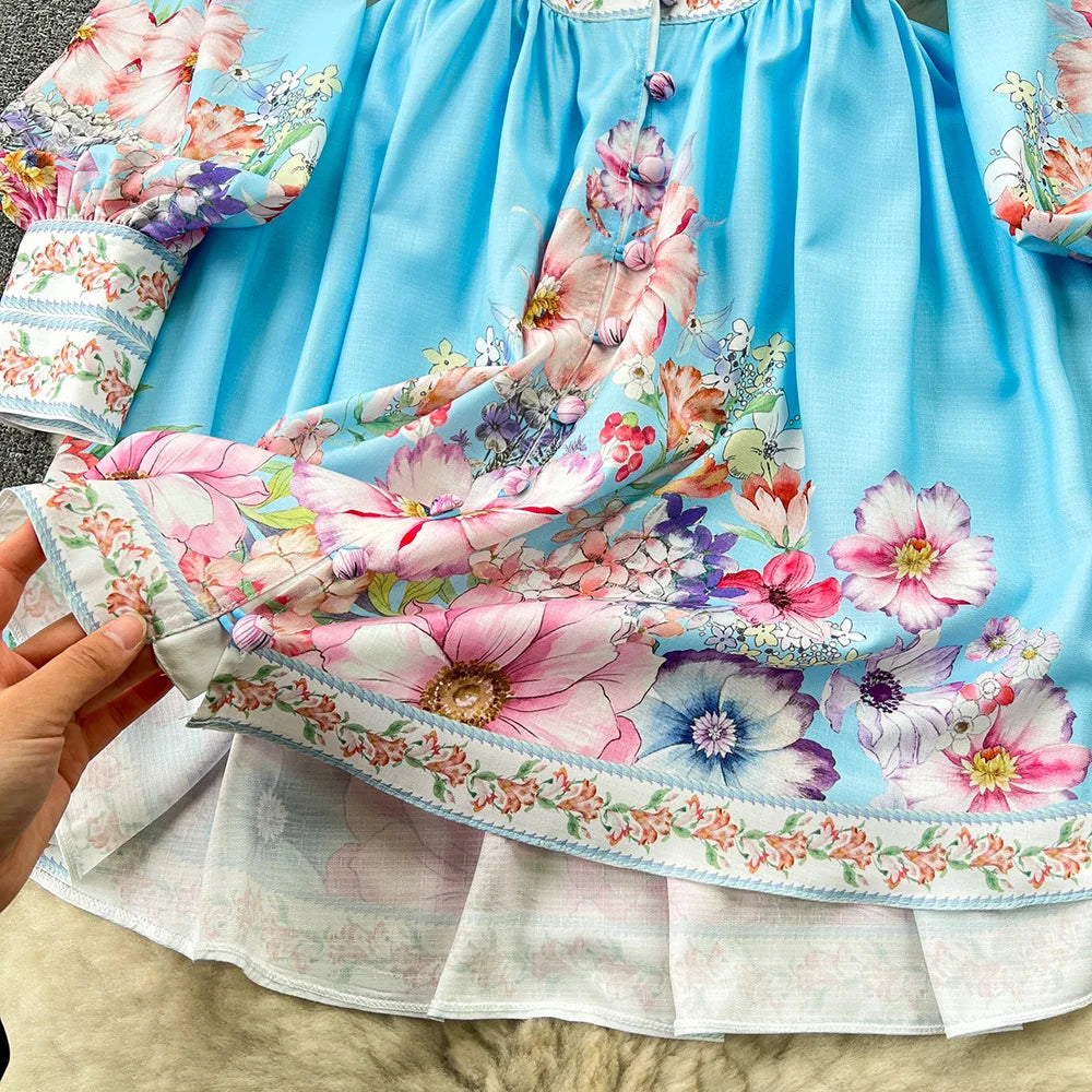 Spring Dresses 2024 Women Fashion Elegant Vintage Floral Print Dress V Neck Front Button Up Long Sleeve Holiday Mini Dress Woman
