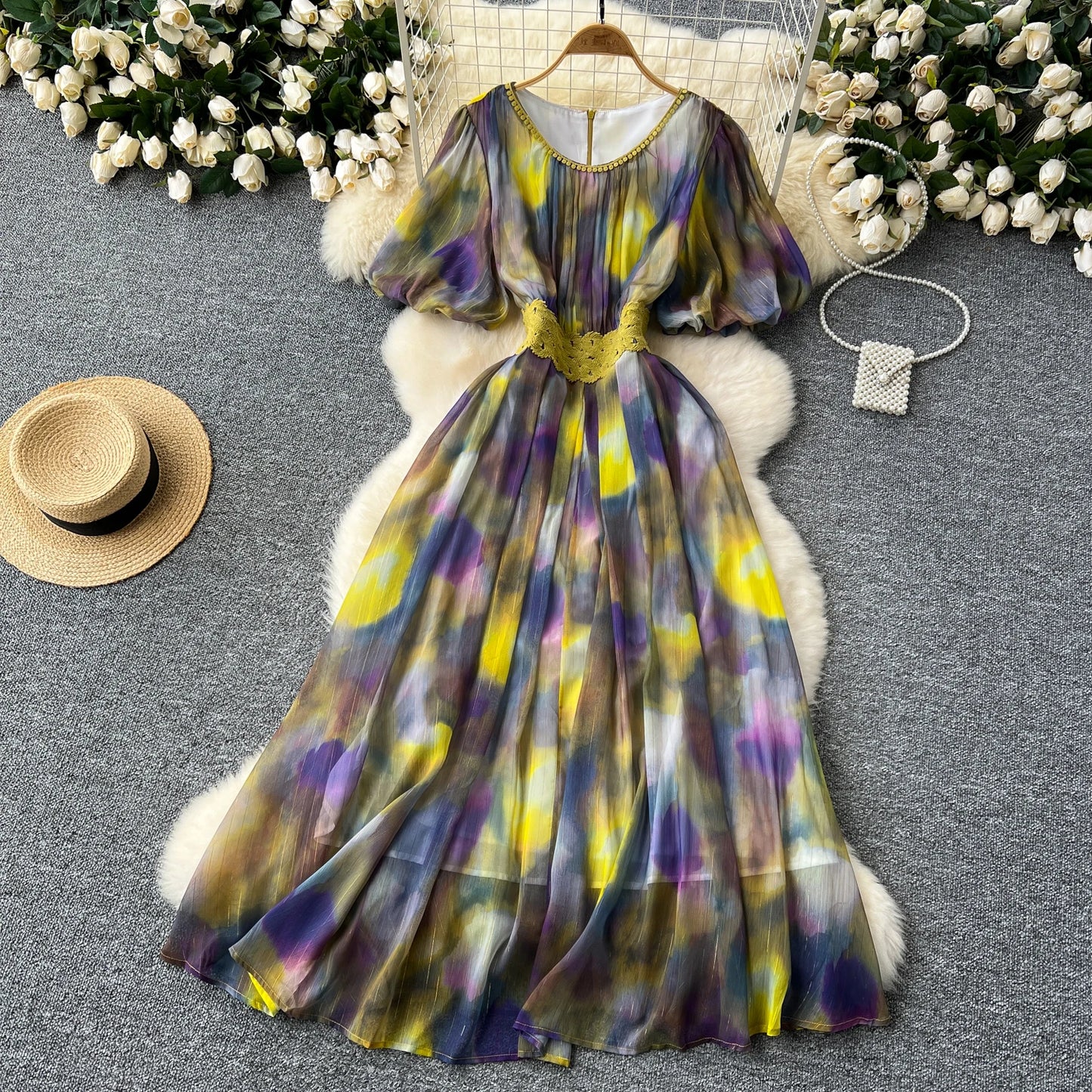 sweet tie dye Lantern Sleeve embroidery o neck chiffon Dress French Party Elegant Summer Sexy Slim Women dresses