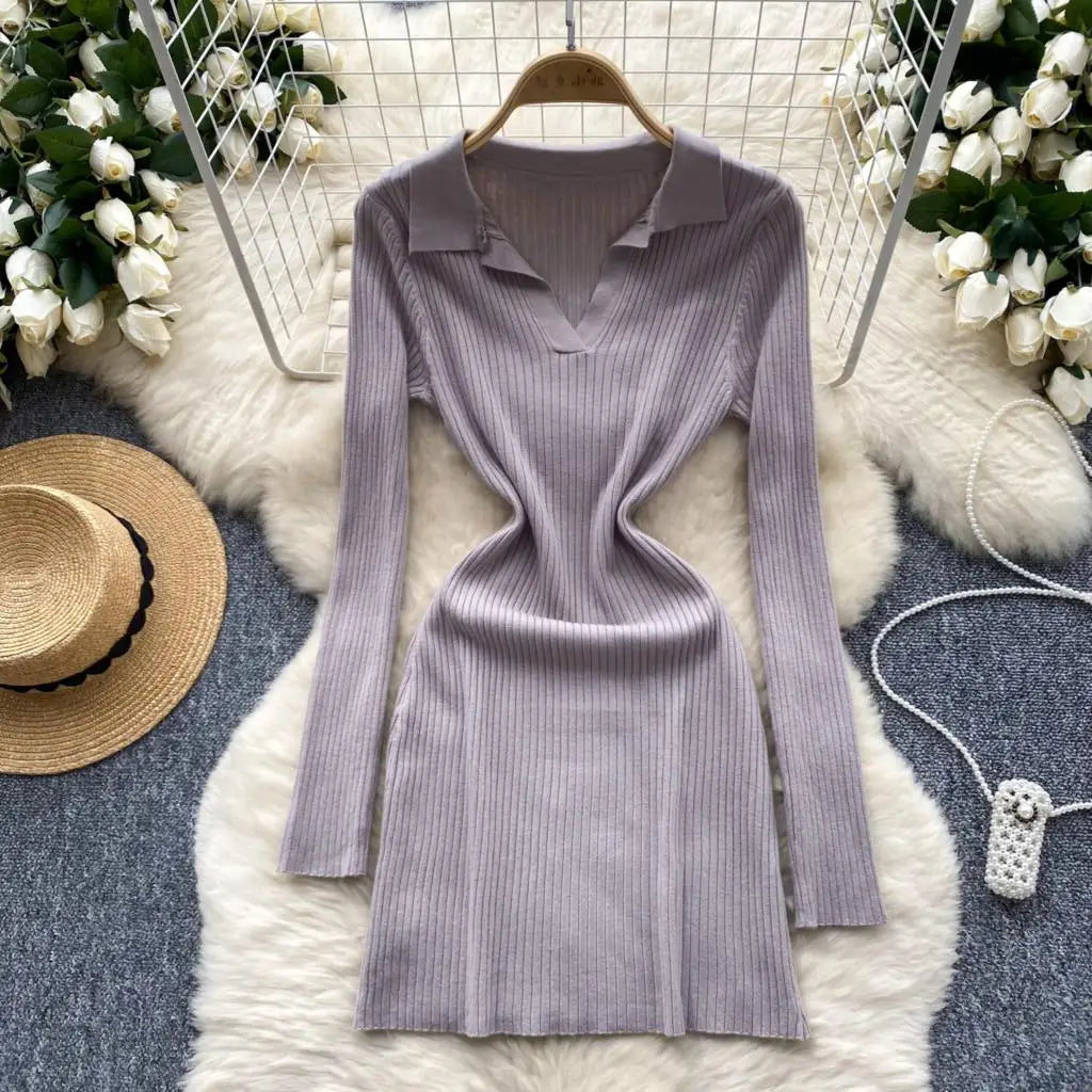 Y2k French Vintage Knitted Dress for Women Autumn Bodycon V-neck Long Sleeved Solid Simplicity Fashion Causal A-line Dresses