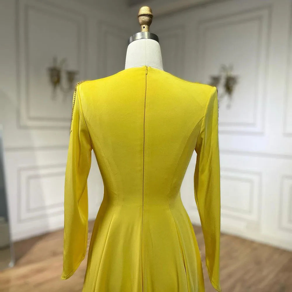 Serene Hill Luxury Dubai Arabic Yellow Mermaid Elegant Tassel Beaded Evening Dresses Gowns For Women Wedding Party 2024 LA72555