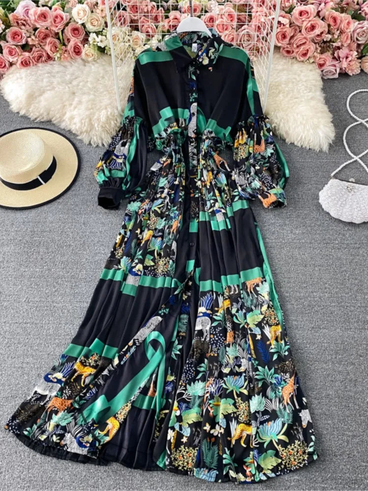 Vintage Women Casual Print Long Party Shirts Dress Elegant Single Breasted A-Line Prom Birthday Clothes Female Fashion Robe New