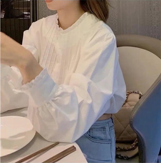 Women's French Elegant White Shirt Blouse Autumn New Collection Mushroom Edge Round Neck Long Sleeve Pullover Shirt Tops