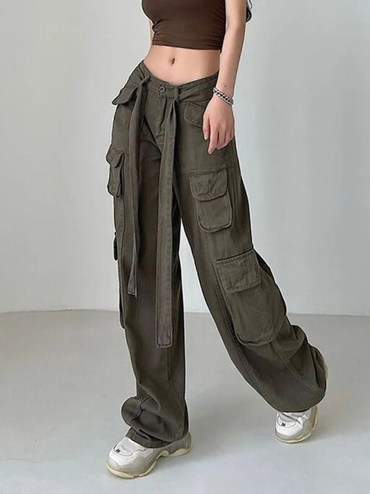 Women's High Waist Cargo Pants with Lace Belt Street Multi Pocket Straight Leg Casual Trousers Spring Autumn New Y2K Vintage