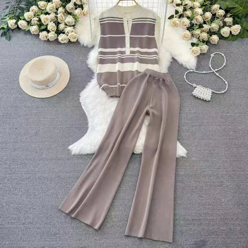 Y2k Clothes Women Fashion Set Two Pieces Streetwear Sleeveless Knitted Self Cultivation Top High Waisted Wide Legs Trousers New