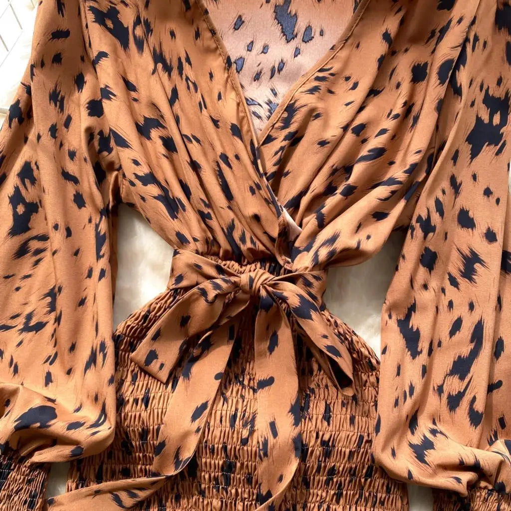 Women Casual Vintage Print Ruffle Long Dress Autumn Elegant V Neck Lantern Sleeve Party Mermaid Dresses Holiday Female Mujer New