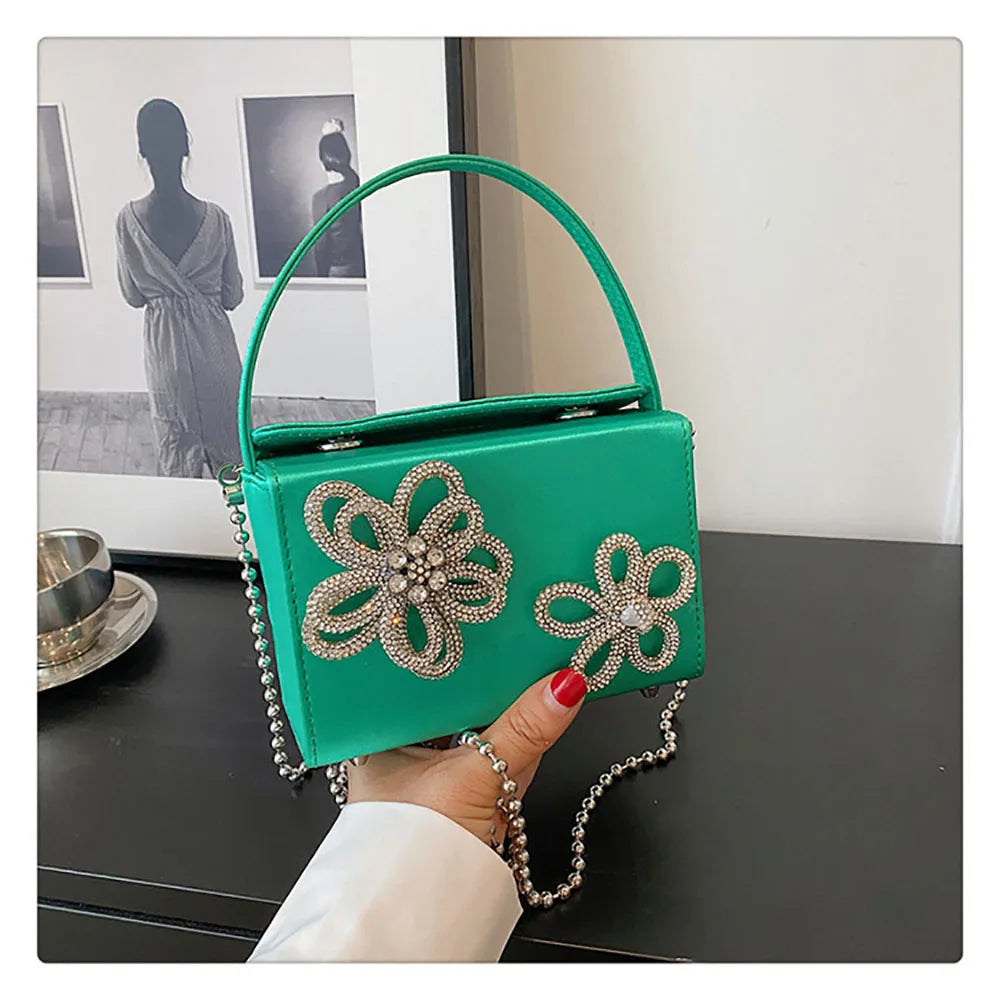 Light Luxury High-Grade Women Chain Crossbody Bag Korean Design Sense Diamond Flower New Pop Handbag Fashion Box Mini Square Bag