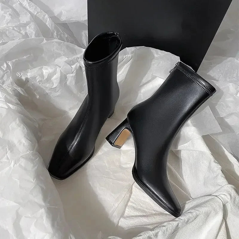 Brown Short Boots Women High Heel Autumn/winter New Style Thick Heel French Style Ankle Boots Zipper Square Versatile Slimming