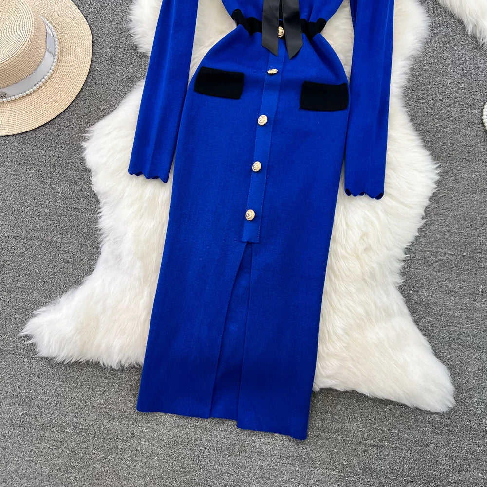 Women Elegant Butterfly Long Sleeve Bodycon V Neck Split Dress Vintage French Slim Knit Tight Vestido Autumn Winter Sweater Robe