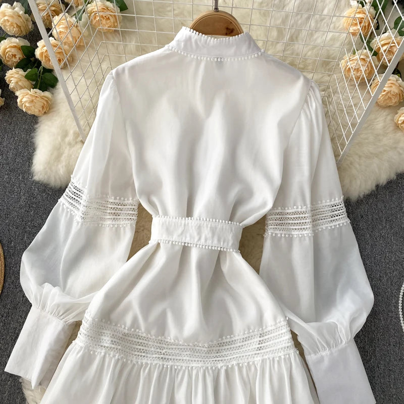 Wedding Guest Dresses For Women Lace Trim Luxury Party Dress Stand Collar Long Sleeve Button Up Holiday Mini Dress With Belt