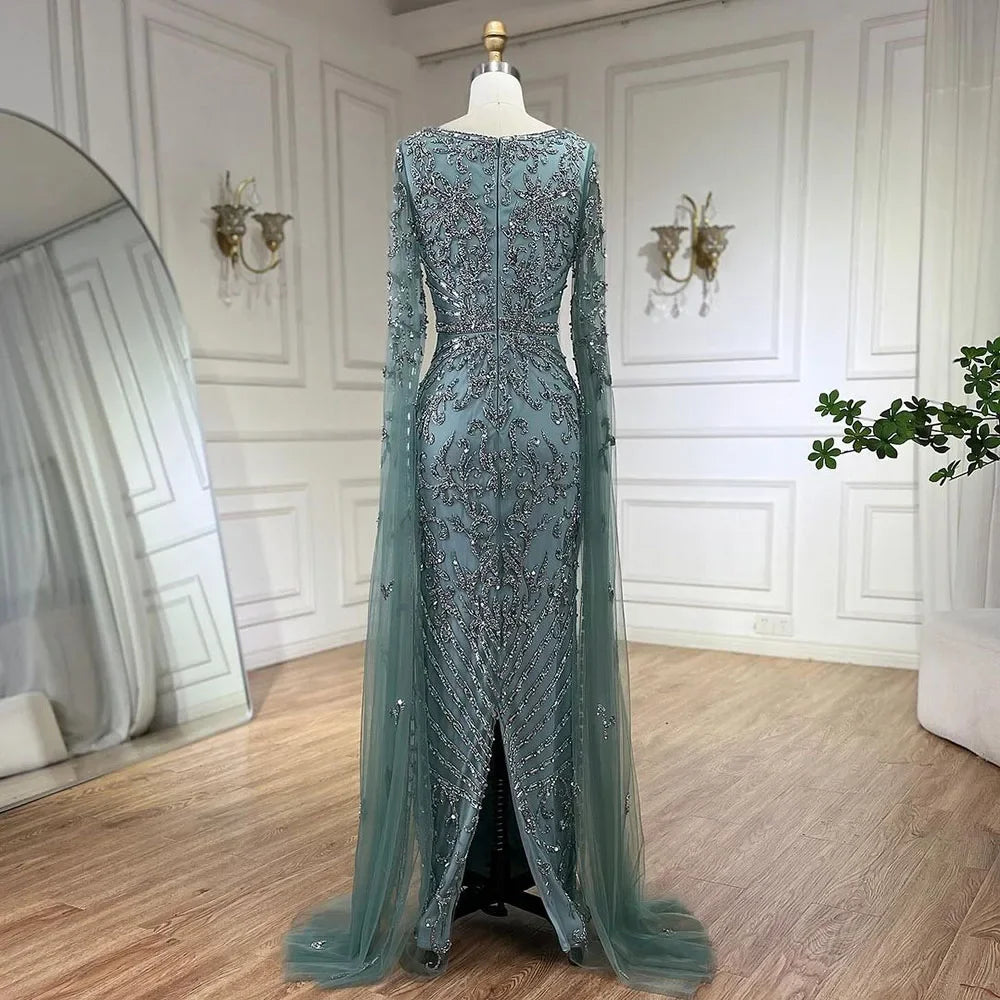 Serene Hill 2024 turquoise with Beaded Cape Sleeves Design Mermaid Long Evening Dresses Gowns for Women's Wedding Party BLA72400