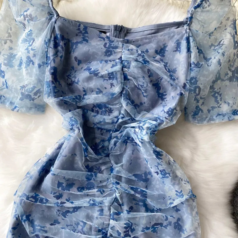 Summer Sexy Vintage Bodycon Women Dress Elegant Solid Print Slim Evening Party Club Prom Dresses Female Mesh Clothes Robe New