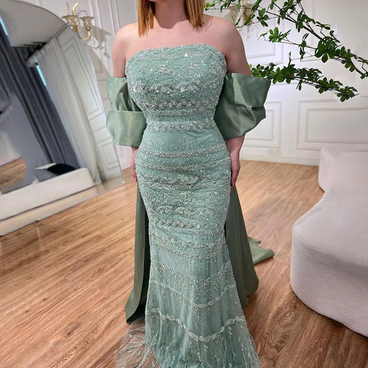 Serene Hill-Sage Green Mermaid Evening Dresses for Women, Strapless, Elegant, Sexy, Beaded, Wedding Party, 2023, BLA72126
