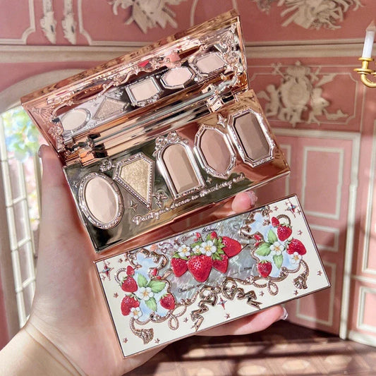 Flower Knows Strawberry Rococo Pressed Glitter Eyeshadow 5 Color Palette with Creamy Texture for Natural Makeup Eye Shadows