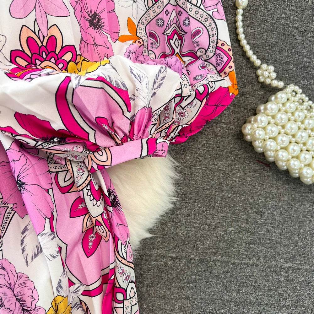 Elegant Women Casual Floral Print Party Dress Vintage Lantern Sleeve A-Line Pleated Prom Birthday Clothes Female Fashion Robe
