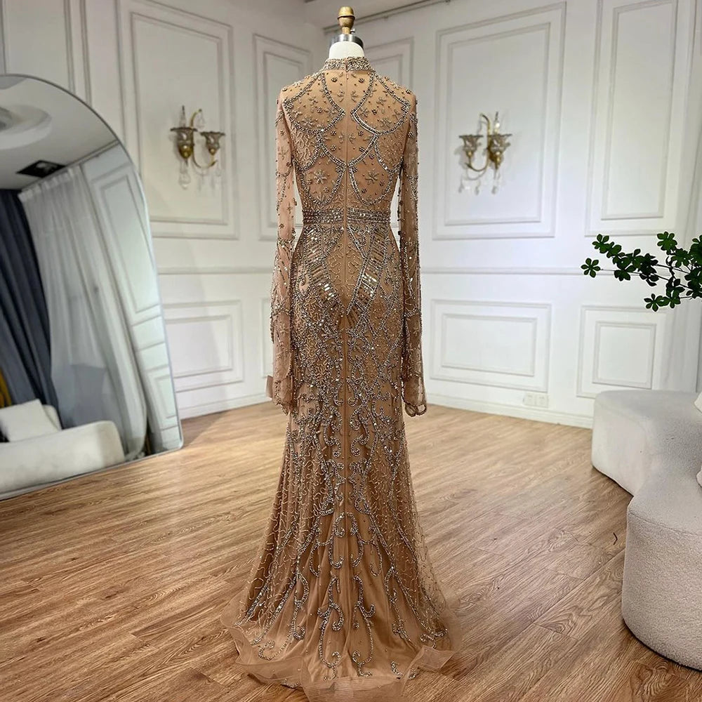Serene Hill Muslim Grey Mermaid Elegant Nude Cape Sleeve Beaded Luxury Dubai Long Evening Dress 2024 Women's Party LA72316
