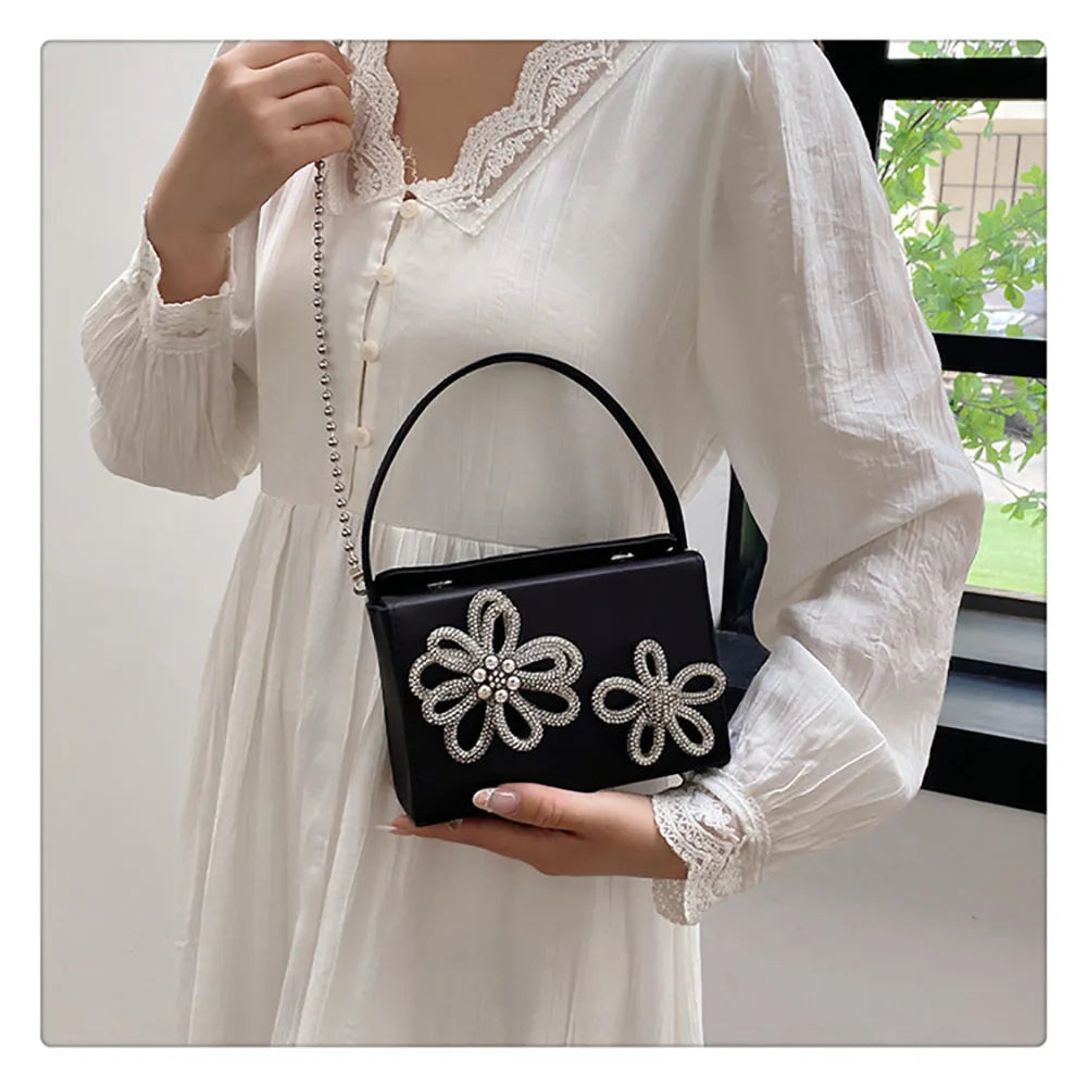 Light Luxury High-Grade Women Chain Crossbody Bag Korean Design Sense Diamond Flower New Pop Handbag Fashion Box Mini Square Bag