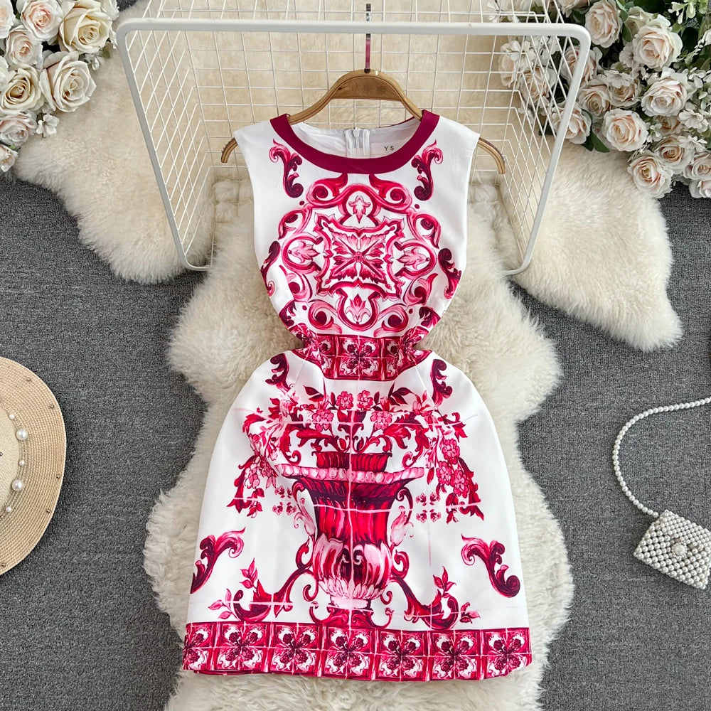 New In Dresses Summer Clothes For Women 2023 Fashion Elegant Vintage Print Party Dress Round Neck Sleeveless A Line Mini Dress