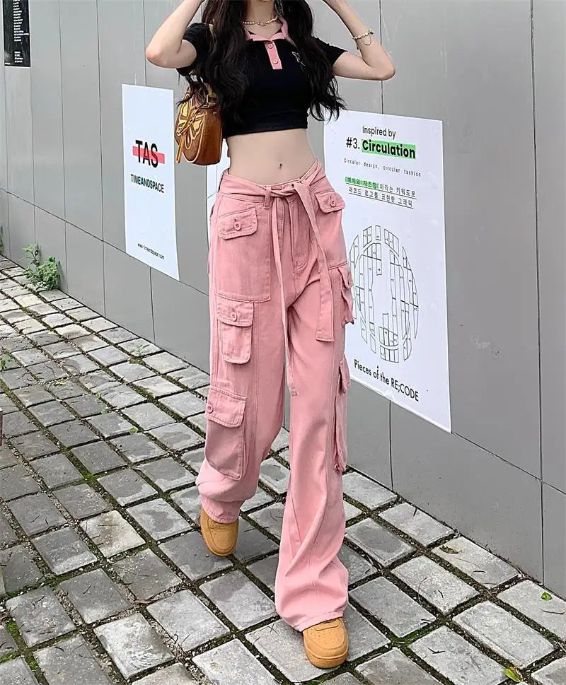 Women's High Waist Cargo Pants with Lace Belt Street Multi Pocket Straight Leg Casual Trousers Spring Autumn New Y2K Vintage