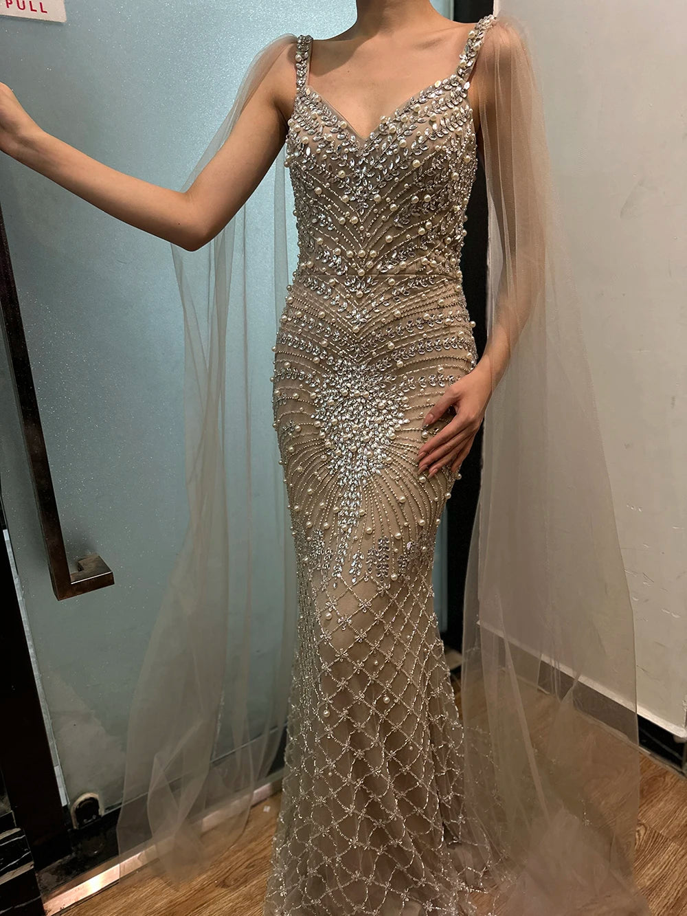 Serene Hill 2024 Arabic Nude Mermaid Cape Sleeve Beaded Luxury Saudi Evening Gown for Formal Occasion LA72748