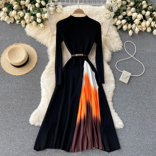 Elegant Chic Pleated Knit Dress French Long Sleeve Party Gothic A-line Vestidos High Waist Basic Slim Women Autumn Winter Dress