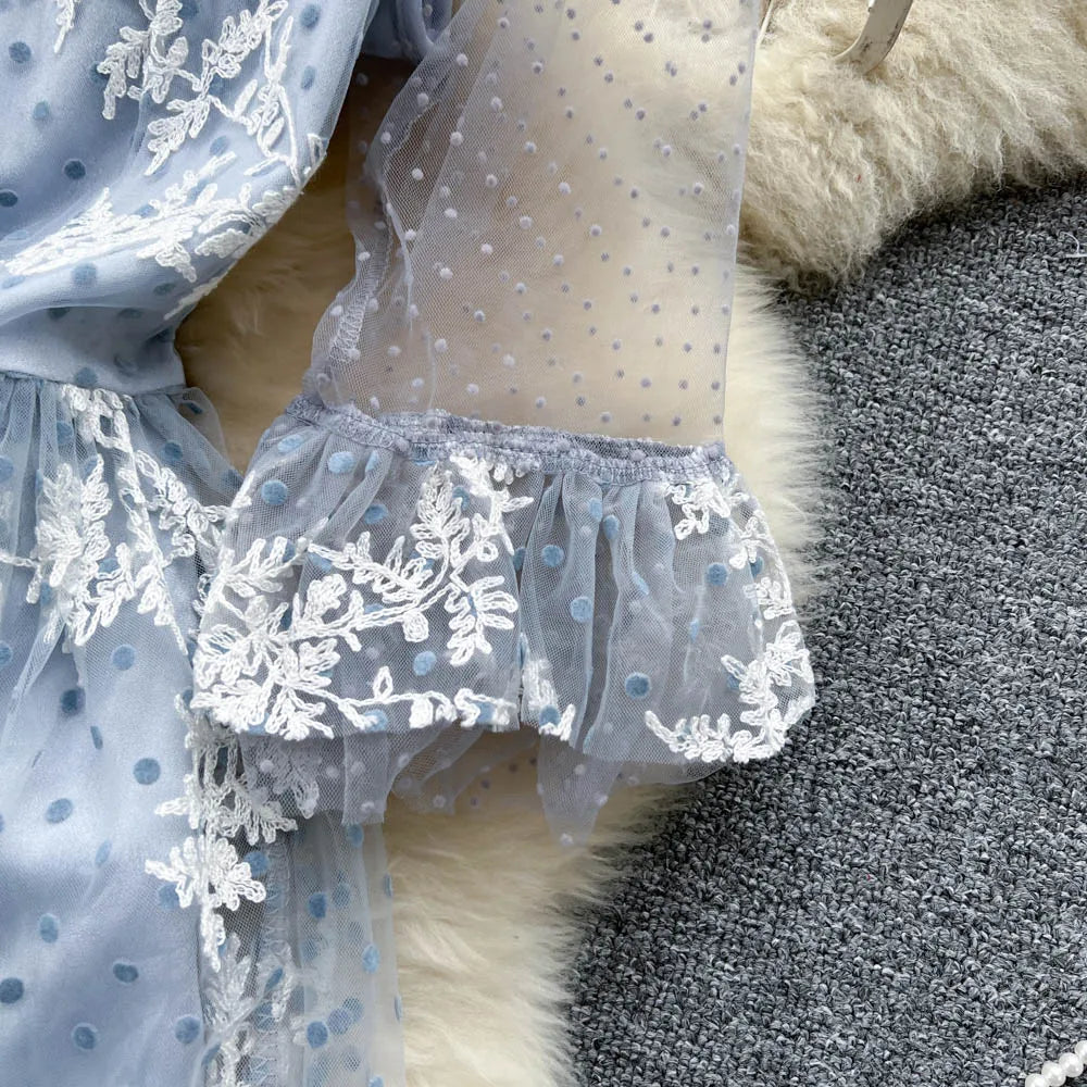 High Quality France Style Mesh Dress Women Long Ruffles Sleeves O Neck Embroidery Dot Zipper Ruched Gentle Party Sundress