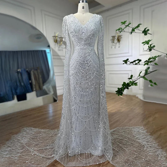 Serene Hill Arabic White Luxury Pearls Beaded Mermaid Cape Sleeves Evening Gowns 2024 For Women Wedding Party LA72160