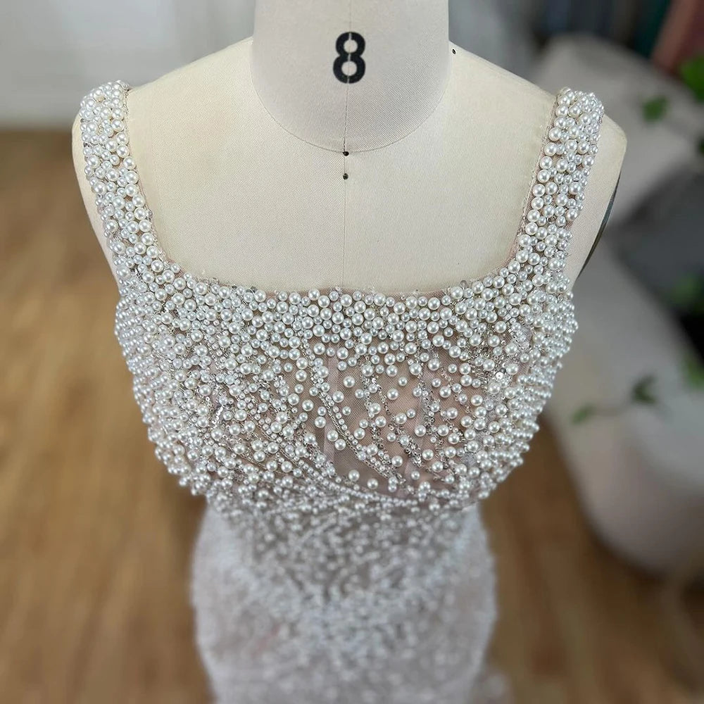 SERENE HILL 2024 White Nude Spaghetti Strap Mermaid Beaded Evening Dresses Luxury Pearls Gowns For Women Wedding Party GLA72266