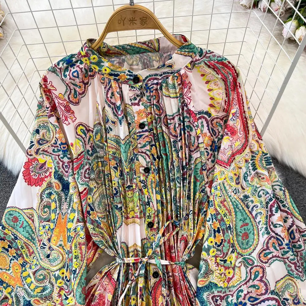 Elegant Women Casual Floral Print Party Dress Vintage Lantern Sleeve A-Line Pleated Prom Birthday Clothes Female Fashion Robe