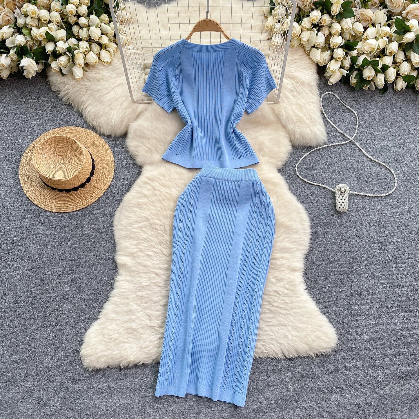Women Chic Two Pieces Sets High Waist Sexy Pencil Wrap Pencil Skirt with Short Sleeve Knit Pullover Slim Fashion Sweater Set