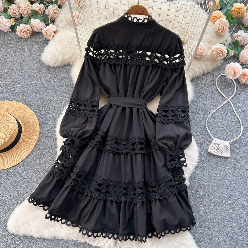 2023 Spring Summer Holiday Dress Women Stand Collar Long Sleeve Button Up Embroidery Trim Luxury Elegant Mini Dress With Belt