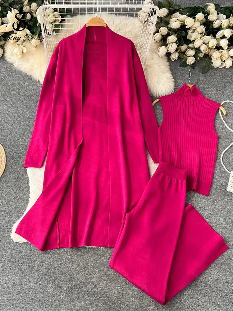 SINGREINY Winter Casual Knitted Three Pieces Suits Women Long Sleeve Cardigans+Turtleneck Knit Tank Top+Warm Long Pant Sets