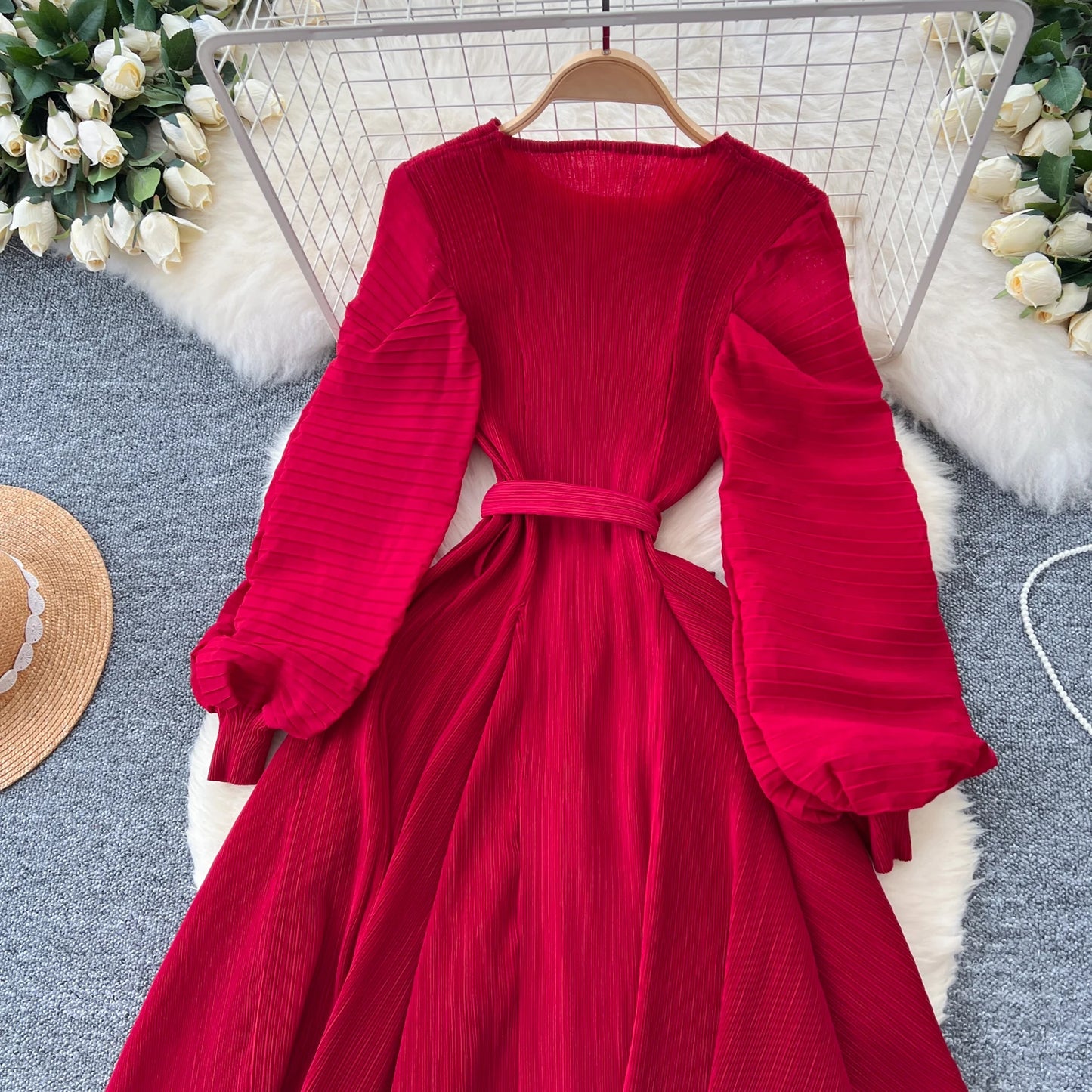 Vintage  Elegant Lantern Sleeve Sweet Pleated Dress Women Basics Fashion Summer Spring Dresse
