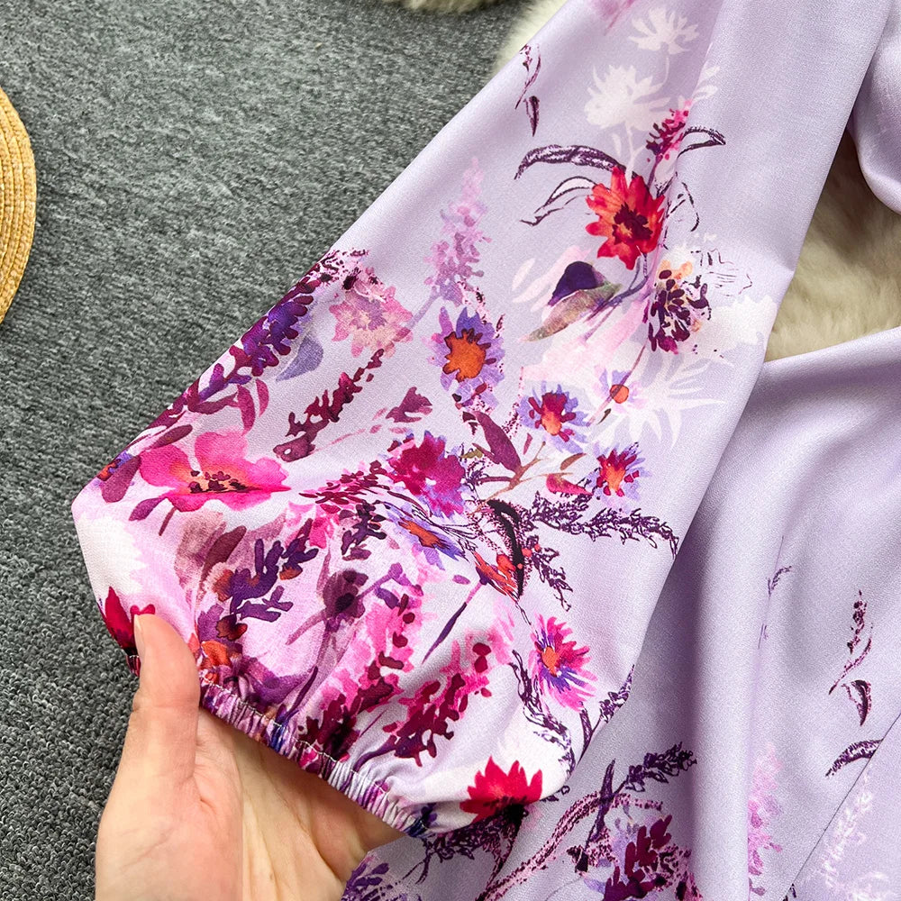 Spring Dresses 2024 Women Clothing Long Sleeve Party Elegant Dress With Belt Stand Collar Vintage Floral Print Holiday Dress