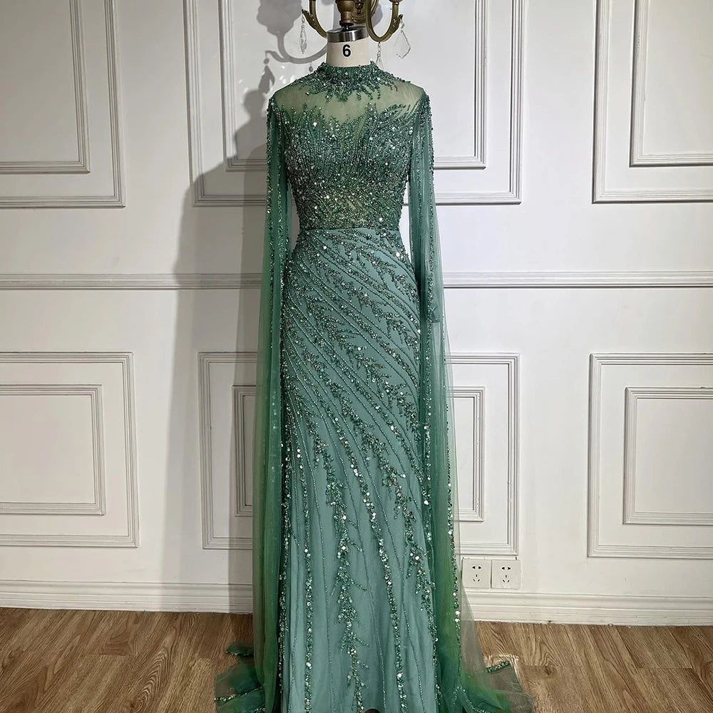 Serene Hill 2024 Nude Cape Sleeves Mermaid Lace Beaded Luxury Dubai Long Evening Dresses Gowns for Women Wedding Party BLA71885A