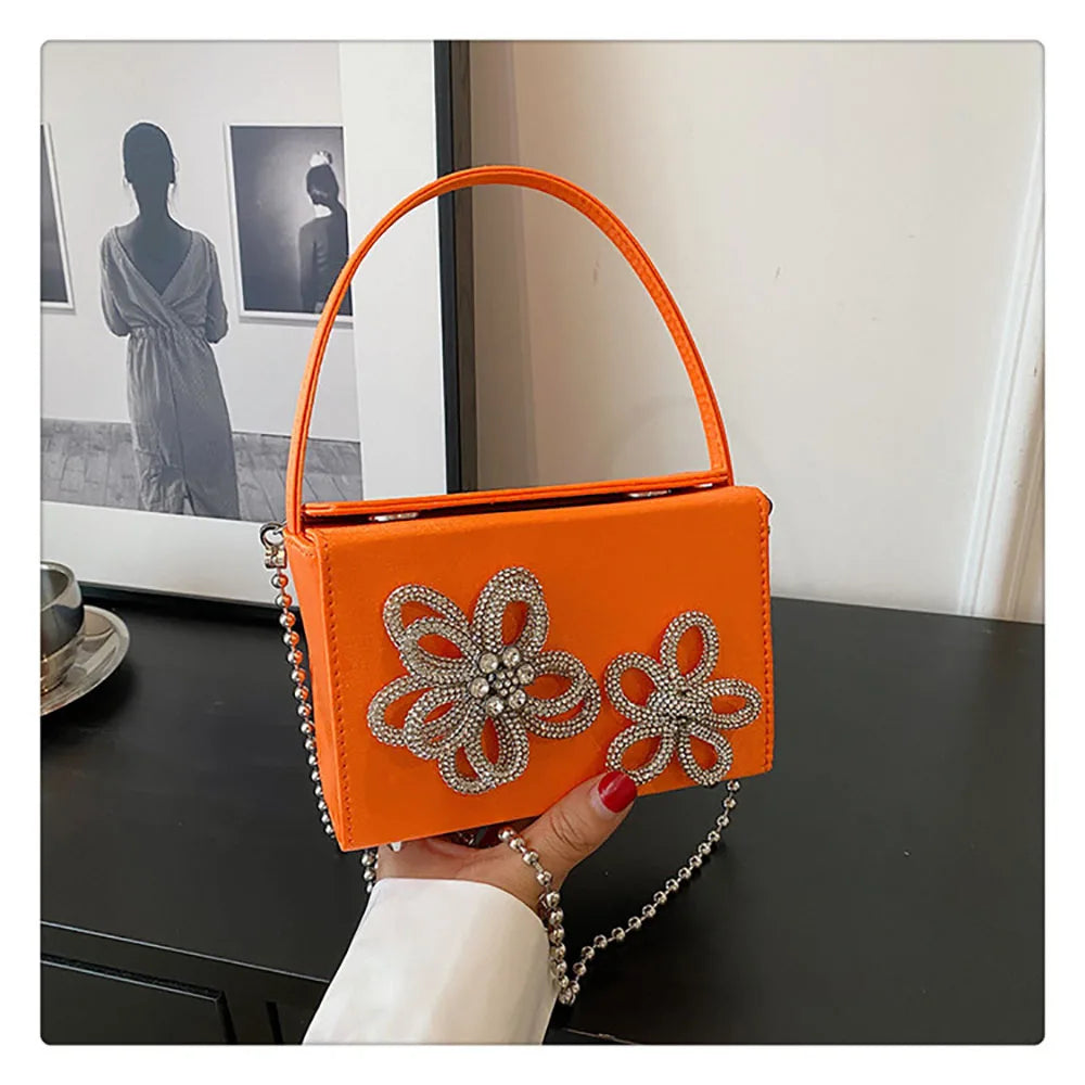 Light Luxury High-Grade Women Chain Crossbody Bag Korean Design Sense Diamond Flower New Pop Handbag Fashion Box Mini Square Bag
