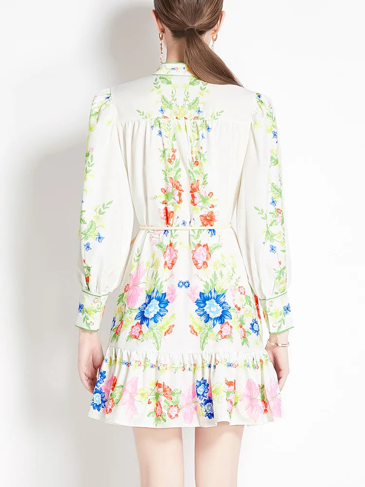 Clothes For Women Dresses 2024 Spring Ruffle Hem Vintage Floral Print Dress Stand Neck Long Sleeve Holiday Mini Dress With Belt