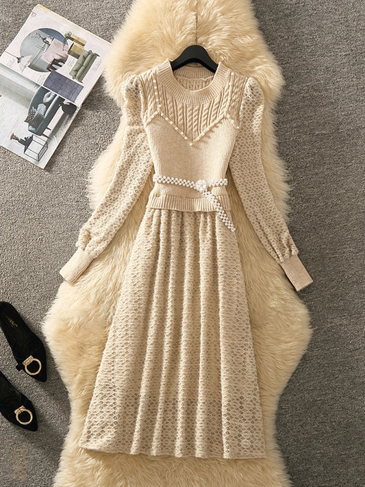 Long Sleeved Knitted Patchwork Dress Sweet O-neck Embroiled Flares Pullover Solid High Waisted A-line Dresses New Autumn 2024