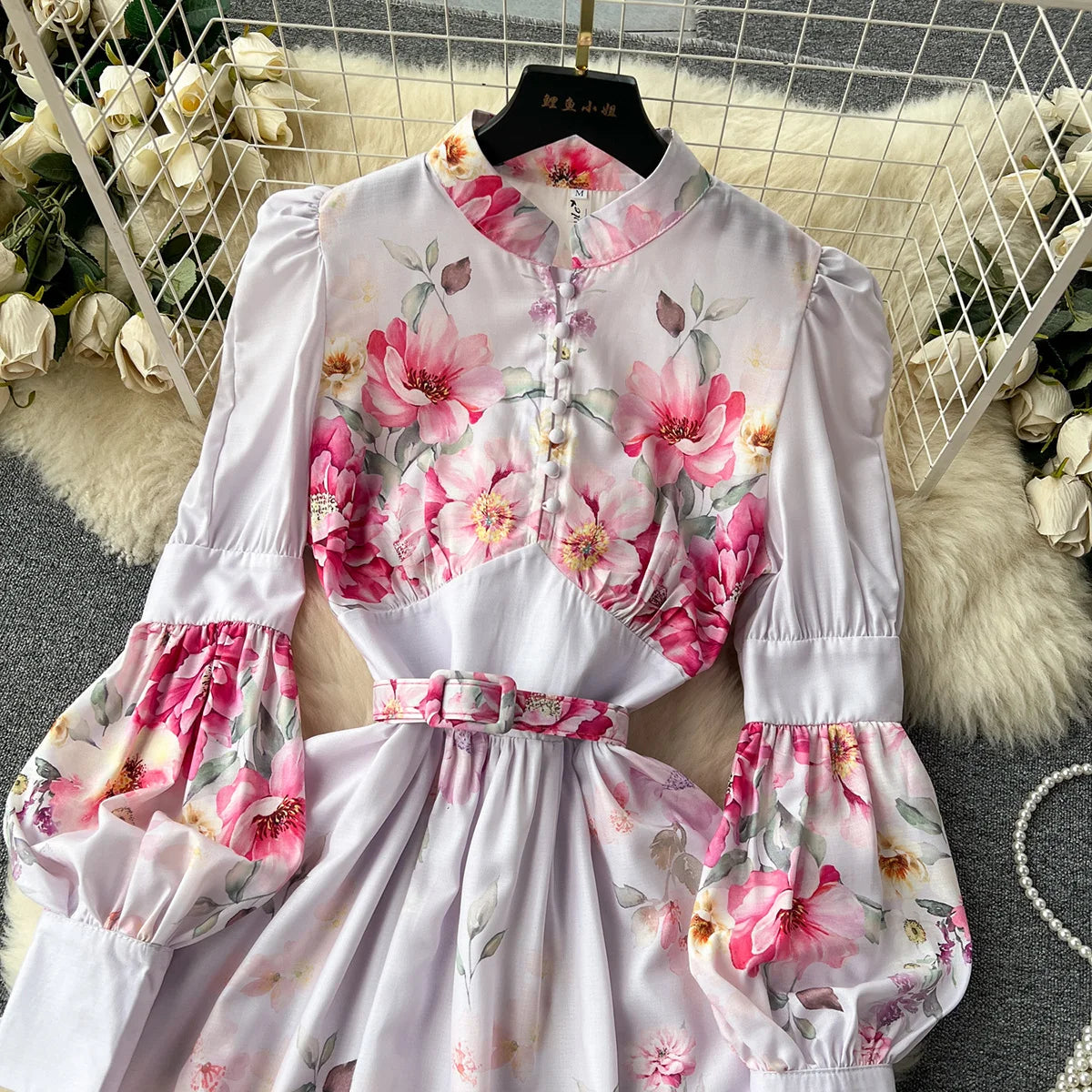 Elegant Party Dresses Women Round Neck Button Up Vintage Floral Print Dress Spring Summer Long Lantern Sleeve Belted Mini Dress